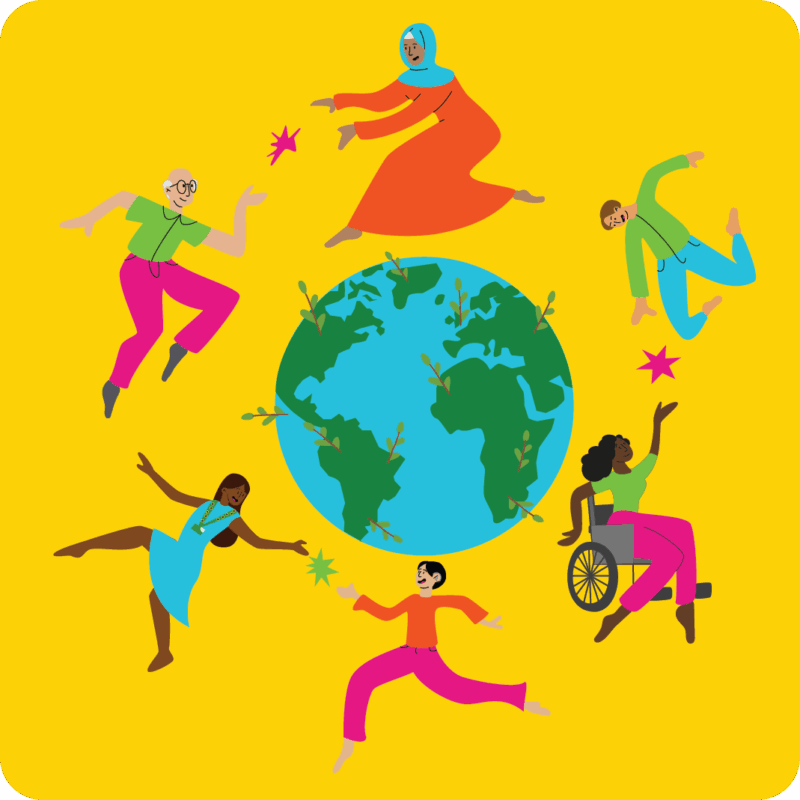 A diverse group of people surrounding a globe. They are reaching towards one another in a gesture of connection.