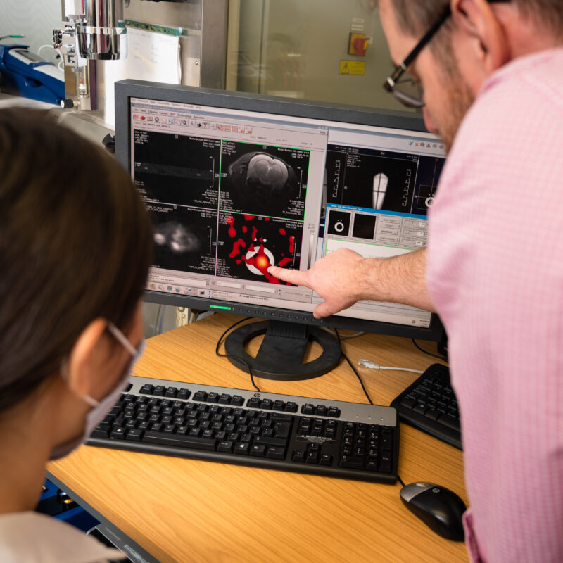 Two researchers reviewing a screen showing an MRI image