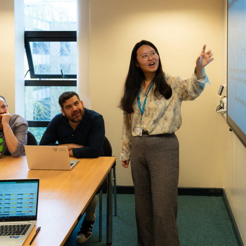 Researcher presenting to a group sat at laptops